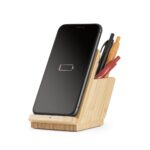 LEAVITT. Suporte para smartphone e porta esferográficas com carregador wireless rápido 10W em bambu - Image 8