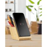 LEAVITT. Suporte para smartphone e porta esferográficas com carregador wireless rápido 10W em bambu - Image 4